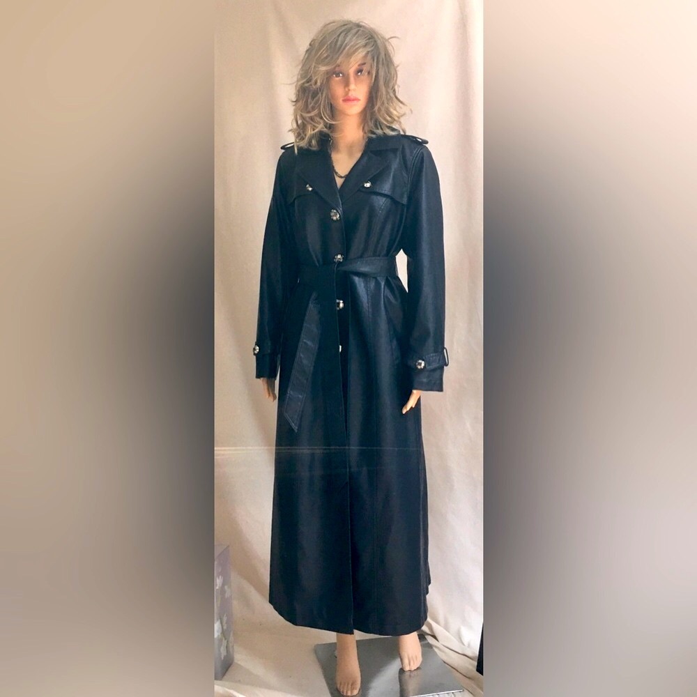 DENNIS BASSO Trench coat Black faux leather Full length Vintage SMALL a Classic - Picture 16 of 17